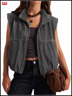 Womens Zip Up Denim Vest Bubble Hem Sleeveless Jean Top Summer
